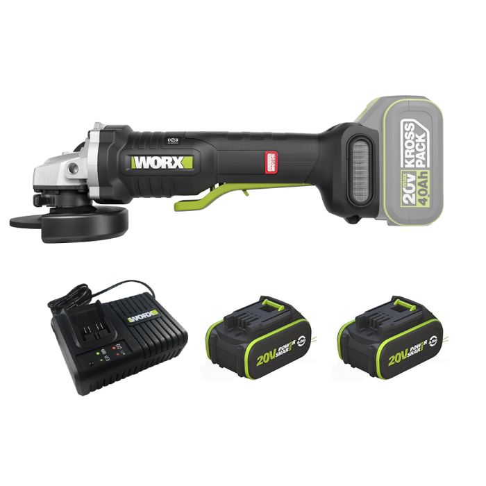 WORX|威克士 20V無刷角磨機套裝(帶急停/安全開關)(4.0Ah鋰電*2+6A充電器) 100mm WU835